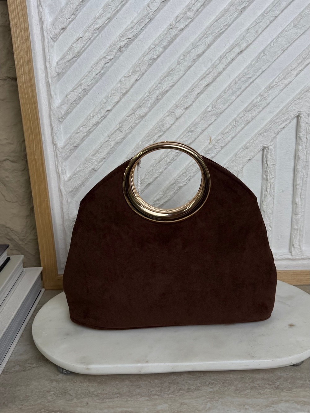 Haute Hippie Chocolate Brown Suede Clutch with Gold Ring Handle - Picture 4 of 16